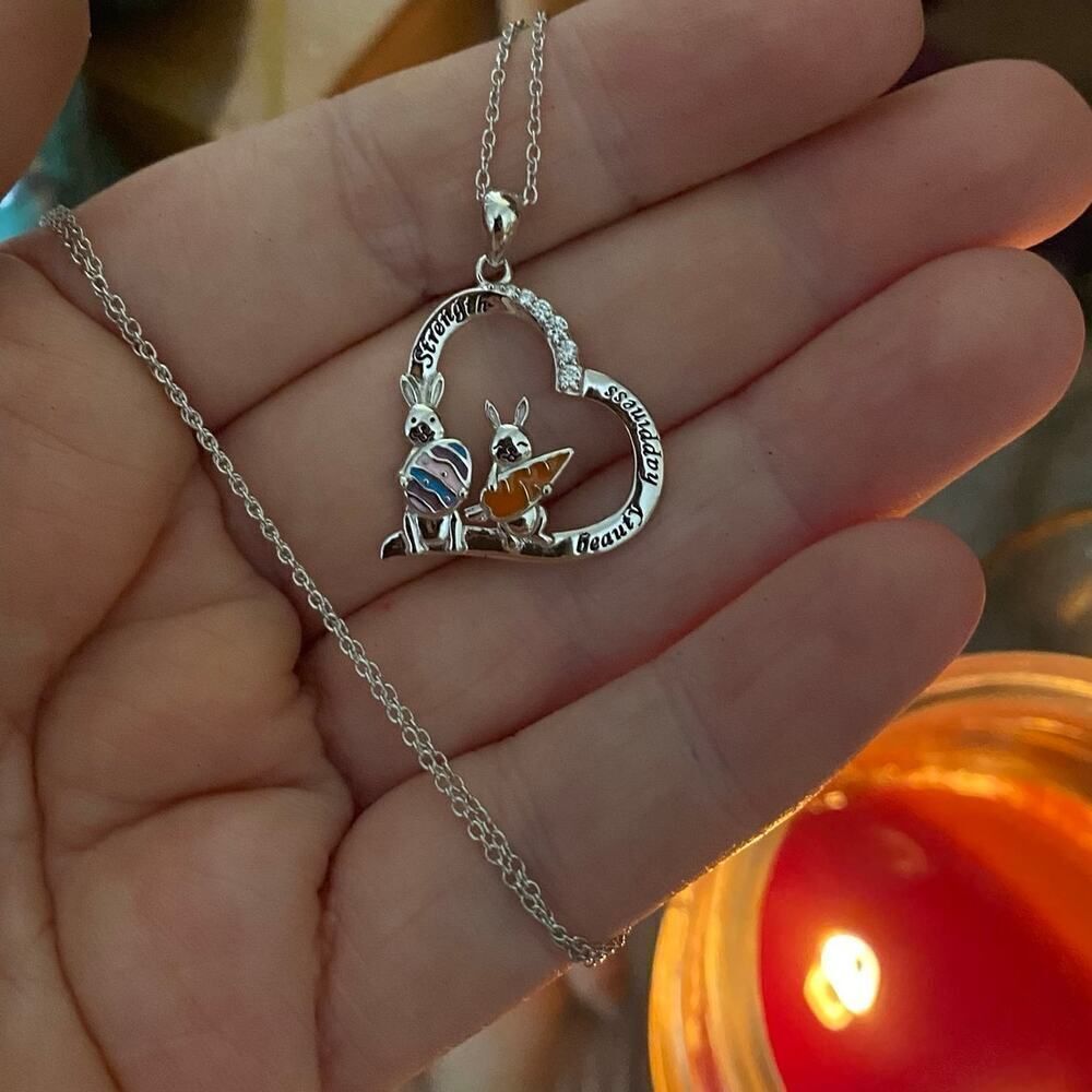 Bunny, Strength, Beauty, Happiness Heart CZ Necklace